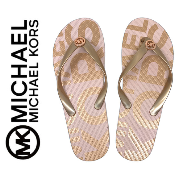 NEW Michael Kors Jet Set Sz 10 Rose Gold Logo PVC Flip Flops Thong Sandals - Picture 1 of 7